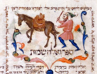 Un comerciante de aceite de oliva viajando en Toscana, ilustración de la Torá, 1398