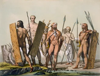 Antiguos guerreros celtas vestidos para la batalla, con un chamán, hacia 1800-18