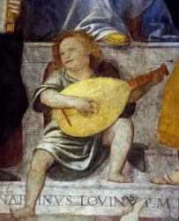 Ángel músico tocando el laúd. (detalle) de un fresco del siglo XVII de una iglesia en Milán.