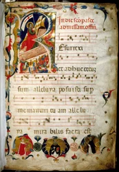 Antifonario (manuscrito de música sacra) con retrato del Dogo Marino Zorzi en la parte inferior izquierda