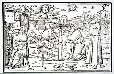 Astrólogos árabes, copia de una ilustración de In Somnium Sciopinis por Macrobius, Venecia 1513, usado en una Historia de la Magia, publicado a finales del siglo XIX