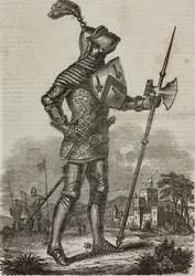 Armadura de la época del rey Enrique V de Inglaterra, ilustración del "Teatro Universale...".