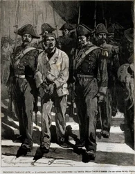 Arresto de Giovanni Passannante (1849-1910) quien llevó a cabo el ataque al rey italiano Umberto I en Nápoles en 1878. Este evento inspiró al poeta Giovanni Pascoli (1855-1912) en una Oda. Grabado del siglo XIX