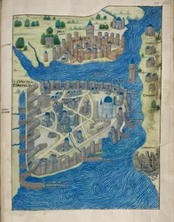 Arundel 93 fol.155 Mapa de Constantinopla y Pera, del "Liber Insularum Cycladum" de Cristoforo Buondelmonti (c.1385-c.1430), c.1485 (vitela)