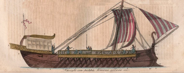 Trirreme ateniense, siglo IV a. C. (acrostolio) - triera o trirreme - grabado de «Usi e Costumi di Tutti i Popoli dell