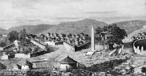 Axoum (Aksoum), la capital religiosa de Etiopía, circa 1850. De un dibujo del explorador Gustavo Bianchi
