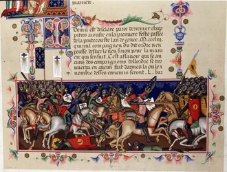 Escena de batalla durante las Cruzadas - (detalle) de los Estatutos de la Orden del Espíritu Santo, Nápoles