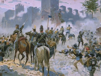 Batalla de Solferino y San Martino, 24 de junio de 1859, ilustración de un álbum sobre la historia del Risorgimento hecho para el chocolate Talmone, finales del siglo XIX