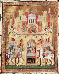 Escena de batalla en las murallas de Jerusalén, de Descriptio Terrae Sanctae por Burcardus Theutonicus o Burchard de Monte Sion
