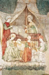 Bicocca degli Arcimboldi: fresco del siglo XV, detalle del corte de telas y de un enano (fresco)