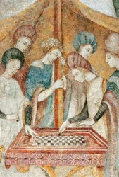 Bicocca degli Arcimboldi: fresco del siglo XV, detalle del juego de damas (fresco)