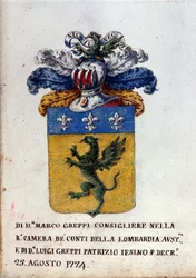 Blasón de la familia Greppi de Milán, casco de armadura, flores de lis y dragón. Siglo XVIII Archivo de estado de Milán