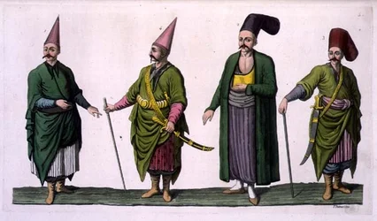 Bostandji, Khasseki y otros ejemplos de indumentaria otomana, lámina 5 de la Parte III, Volumen I de «La historia de las naciones», grabada por V. Raineri
