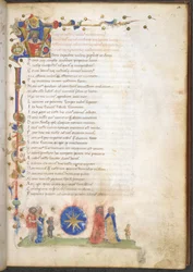 Burney 227 f.3 Un miembro de la familia Stella de Verona: las armas de la familia: azur, una estrella de ocho puntas, de "Amphitruo, Ocho comedias con prólogos y argumentos" de Titus Maccius Plautus, c.1440 (tinta, color y oro sobre vitela)
