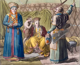 Familia Buryat en un interior, de Costume dei... por Giulio Ferrario, c.1820s-30s