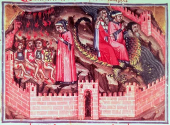 Canto XVII Cuatro Sodomitas: Dante y Virgilio cabalgan sobre el lomo de Gerión en el Círculo de los Fraudulentos, de la Divina Comedia (el Infierno), c.1313