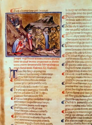 Canto XXIII Dante y Virgilio en el Círculo de los Hipócritas, con Caifás crucificado en el suelo, de la Divina Comedia (el Infierno), c.1313