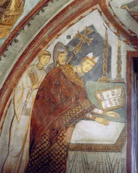 Cardenal Ugolino di Ostia (luego Papa Gregorio IX), consagrando la capilla, Capilla de San Gregorio, c.1224