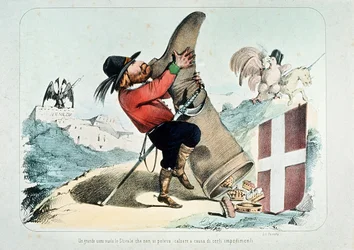 Caricatura de Giuseppe Garibaldi vaciando una bota (Italia) llena de coronas, por Litografia Perrotta