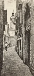 Casa de Carlo Goldoni en Venecia, Italia, grabado del dibujo de A Lazzaretti, de L