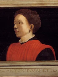 Cassone con 5 retratos del Maestro del Renacimiento Florentino (detalle) con el retrato de Manetti Rutilio di Lorenzo (1571-1639). Escuela italiana del siglo XVI. La inscripción debajo es probablemente sucesiva. Museo del Louvre, París.