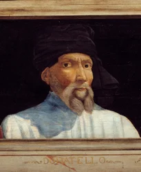 Cassone con 5 retratos del Maestro del Renacimiento Florentino (detalle) con el retrato de Donatello (Donato di Niccolò di Betto Bardi) (1386-1466). La inscripción debajo es probablemente posterior.