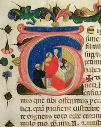 Celebración de la Eucaristía, de una Mariegola del gremio laico de San Jerónimo, c.1400 (tinta y hoja de oro sobre vitela)
