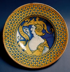 Plato de cerámica decorado con una representación de Escipión el Africano (185-129 a. C.), producido en Deruta, Italia. Hacia 1520. Florencia, Museo Nazionale del Bargello