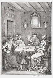 Chiaqlira leyendo cuentos a un grupo de costura, portada de El Pentamerón de Giambattista Basile, 1742