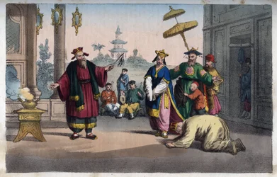 China - Una representación teatral al aire libre - grabado de «Usi e costumi di tutti i popoli dell