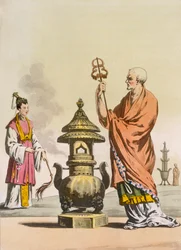 Costumbres religiosas taoístas chinas: Un bonzo en vestiduras ceremoniales, grabado por Fumagalli y Bramatti, c.1820-30