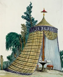 Pabellón chino en jardín, circa 1810, grabado, Italia