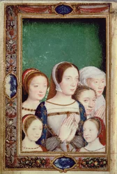 Claudio de Francia, Leonor de Austria y las tres hijas de Francisco I, de las "Horas de Catalina de Médicis" (vitela)