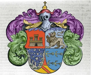 Escudo de armas del navegante Cristóbal Colón (1451-1506): las cuatro partes del escudo representan arriba la ciudad de Castilla y León, abajo las islas descubiertas y los símbolos de anclas del almirante. Grabado del libro «Navigationi and Viaggi»