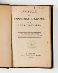 Código de Napoleón el Grande para el Reino de Italia, abierto en la portada, publicado en Florencia, Molini, Landi et Cie, 1806 (papel impreso)