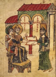 El abad Juan ofreciendo el manuscrito a San Benito (c.480-c.550), abad y fundador de Montecassino, escrito por el diácono Pablo, italiano, 915, del Comentario sobre las reglas monásticas de San Benito