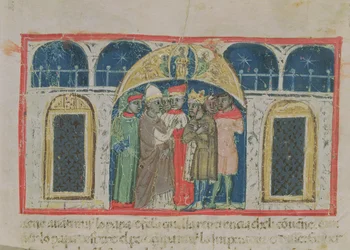 Codex Correr I 383 La Paz entre el papa Alejandro III (1159-81) y el emperador Federico Barbarroja (c.1123-1190) en la plaza de San Marcos (vitela)