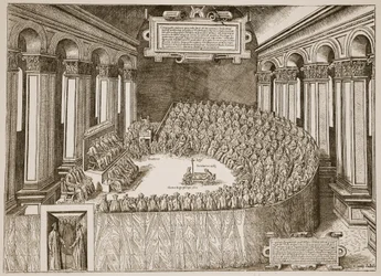 El Concilio de Trento, 1563, de un grabado publicado en Venecia en 1565, ilustración de The Church of England: A History for the People por H.D.M. Spence-Jones