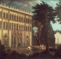 Casa de campo con figuras elegantes (una de un par)