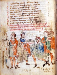 Corte de Matilde de Canossa (o Condesa Matilde de Toscana) (1046 - 1115) en "Vita Mathildis" de Donizone, manuscrito del siglo XIII. Lucca, Bibl, Governativa.