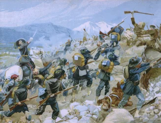 Guerra de Crimea y la batalla de Chernaya, 16 de agosto de 1855, ilustración de un álbum sobre la historia del Risorgimento hecho para el chocolate Talmone, finales del siglo XIX