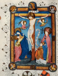 Crucifixión, ilustración del Misal del Maestro Pancratino, c. 1430 (vitela)