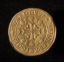 Moneda de la República de Génova: moneda de oro de 12.5 doppie. Diámetro 61 mm. 1656. Anverso. Musei di Strada Nuova de Génova (inv. 6453)