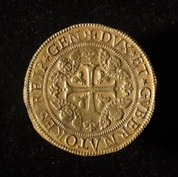 Moneda de la República de Génova: moneda de 12.5 doppie de oro. Diámetro 61 mm. 1656. Anverso. Musei di Strada Nuova de Génova (inv. 6456)