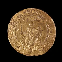 Moneda de la República de Génova: 20 doppie de oro. Diámetro 58 mm. 1645. reverso. Genes Musei di Strada Nuova