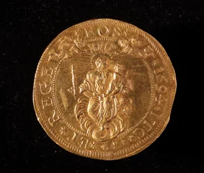 Moneda de la República de Génova: moneda de 25 doppie de oro. Diámetro 52.5 mm. 1694. Reverso. Genes Musei di Strada Nuova (inv. 6457)
