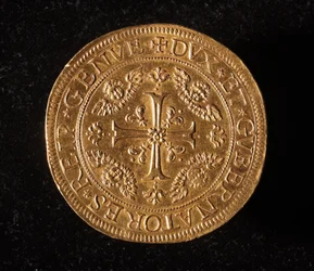 Moneda de la República de Génova: moneda de 25 doppie de oro. Diámetro 52.5 mm. 1694. Anverso. Musei di Strada Nuova de Génova (inv. 6457)