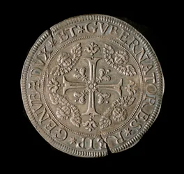 Moneda de la República de Génova: ECU ancho en plata. Diámetro 61 mm. 1693. frente. Genes Musei di Strada Nuova (inv, M7135)