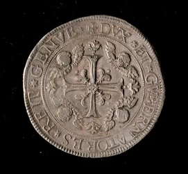 Moneda de la República de Génova: moneda de cinco ecus de plata. Diámetro 61 mm. 1693. Anverso. Genes Musei di Strada Nuova