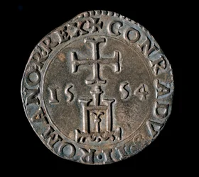 Moneda de la República de Génova: testón (o testone) de plata de la Bendición. Frente que representa el portal de Génova bajo una cruz. 1554 Genes, Musei di Strada Nuova